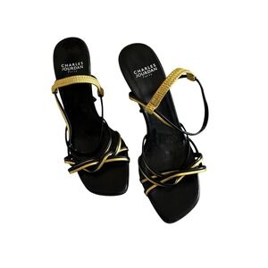 Charles Jourdan Paris Strappy Black Gold High Heel Square Open Toe Sandals Y2K